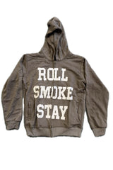 Roll Smoke Stay Distressed Letters Full Zip Sweatshirt