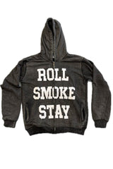 Roll Smoke Stay Distressed Letters Full Zip Sweatshirt