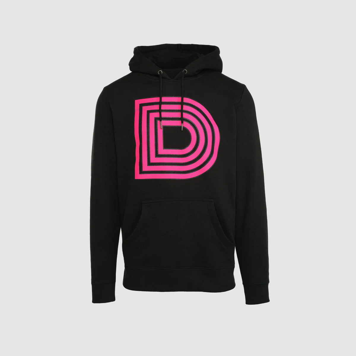 Black hoodie with a prominent pink D logo.